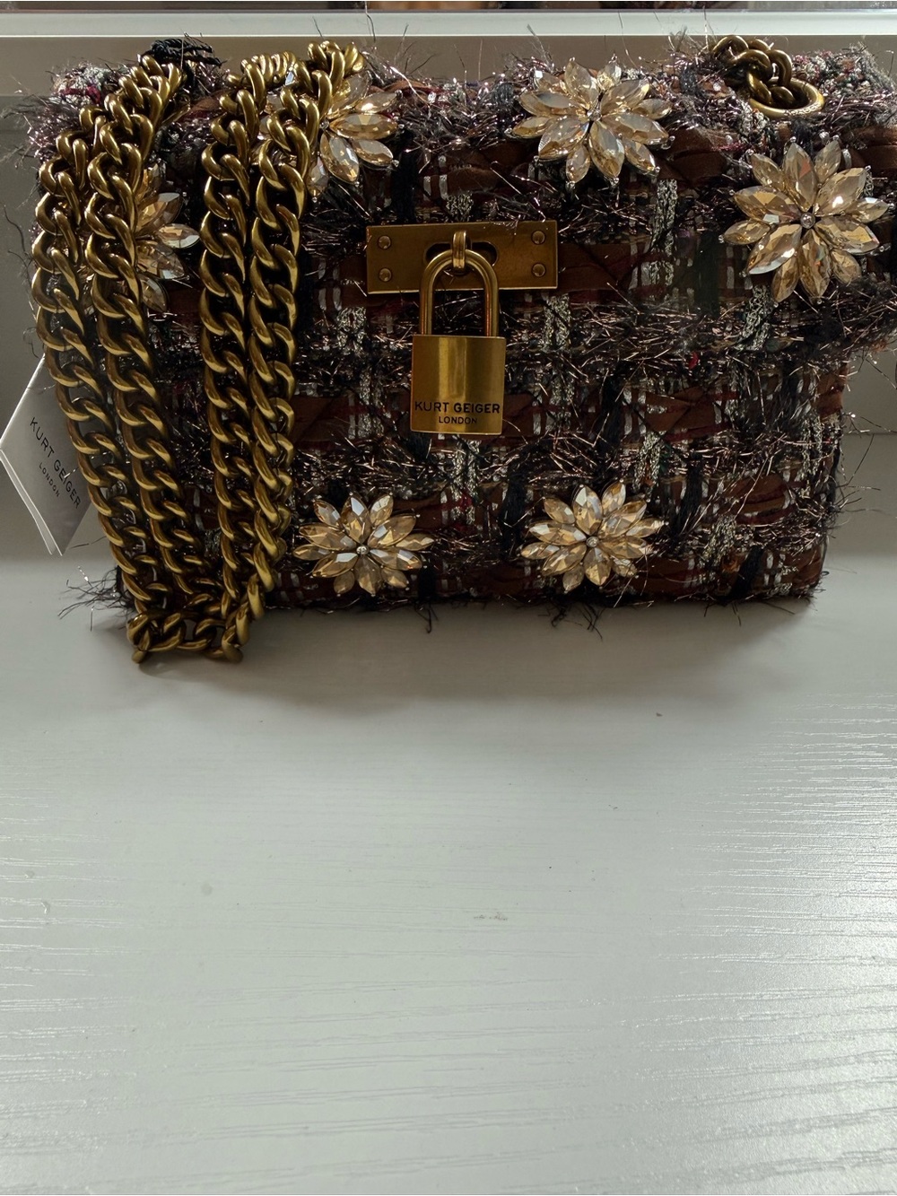 Kurt Geiger Brown Tweed Crossbody with Gold Chain & Crystal Flowers